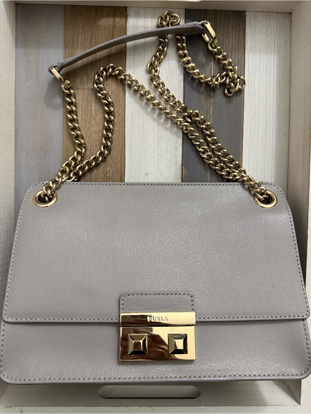 Furla Taupe Leather Shoulder Bag with Gold Chain